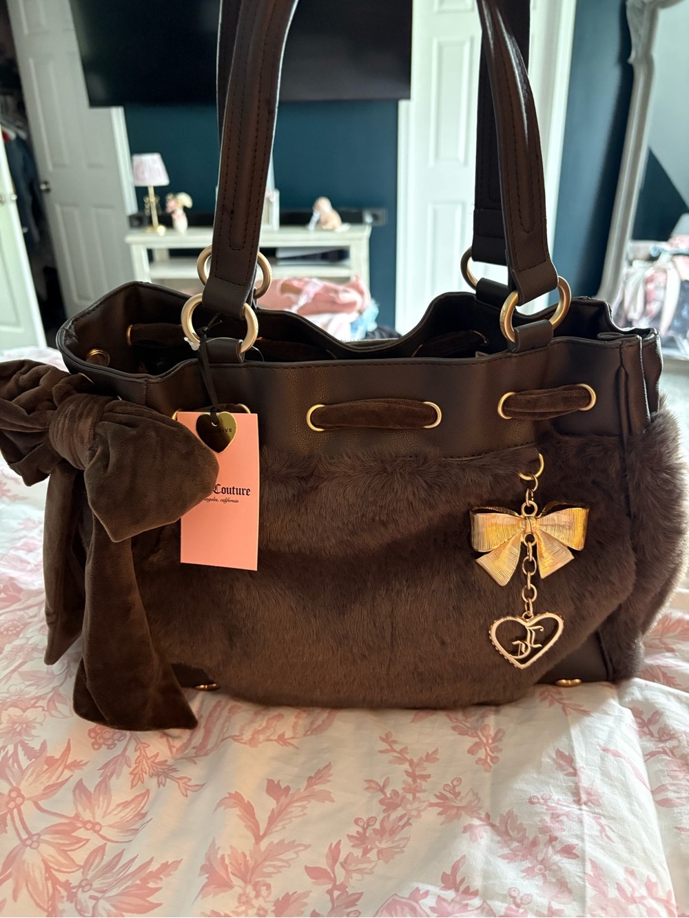 Juicy Couture Brown Faux-Fur Shoulder Bag with Bow Charm